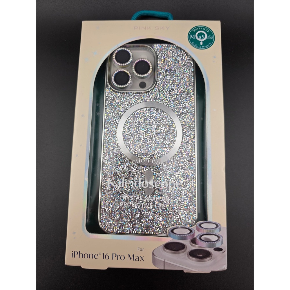 NIB Pink Sky Kaleidoscope Crystal MagSafe Case iPhone 16 Pro Max Silver Glitter